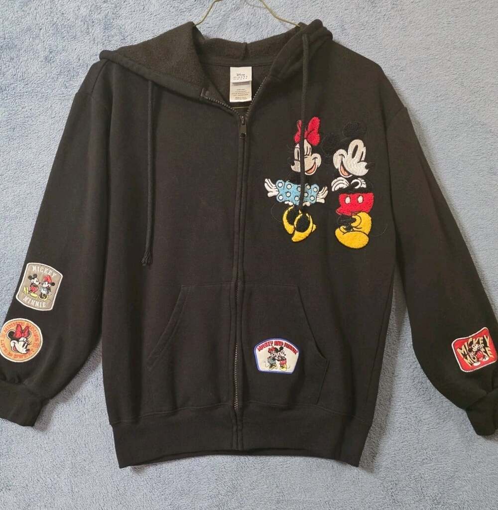 Disney Mickey & Minnie Women's Small Hooded Sweatshirt Patches Full Zip Black